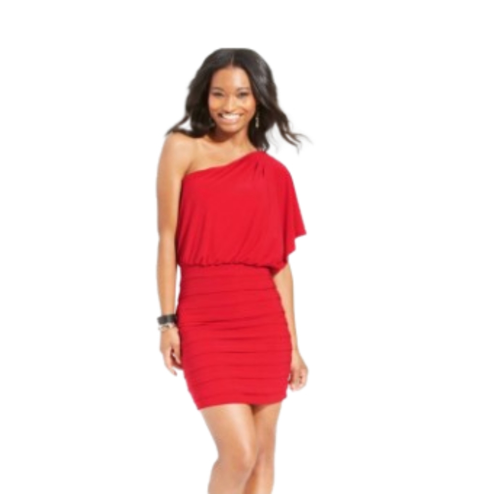 B Darling Womens One Shoulder Ruched Bodycon Red Mini Dress Size 1/2